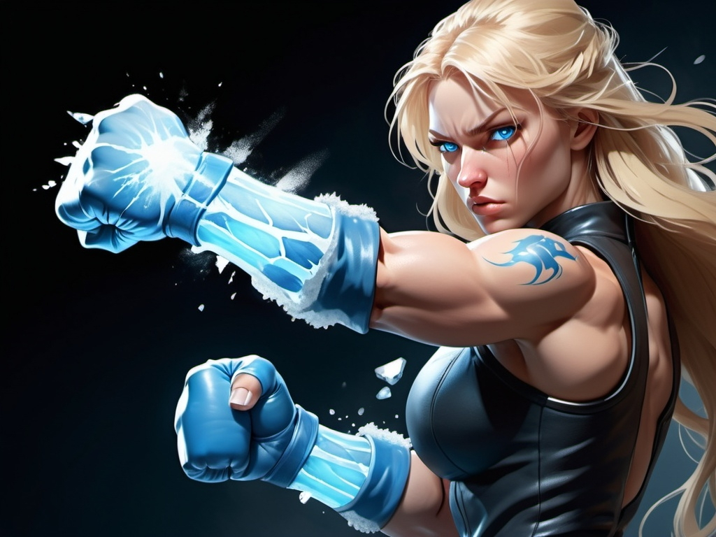 Prompt:  Female figure. Greater bicep definition. Sharper, clearer blue eyes. Nosebleed. Long Blonde hair flapping. Frostier, glacier effects. Fierce combat stance. Raging Fists. Icy Knuckles. 