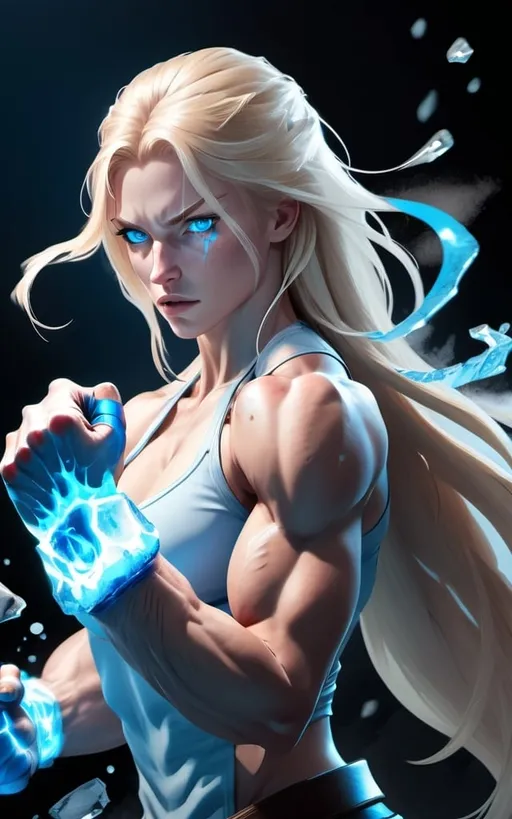 Prompt: Female figure. Greater bicep definition. Sharper, clearer blue eyes. Nosebleed. Long Blonde hair flapping. Frostier, glacier effects. Fierce combat stance. Raging Fists. Icy Knuckles.