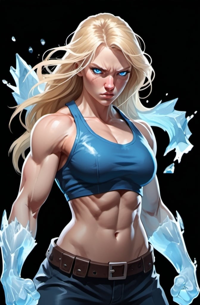 Prompt: Female figure. Greater bicep definition. Sharper, clearer blue eyes. Nosebleed. Long Blonde hair flapping. Frostier, glacier effects. Fierce combat stance. Raging Fists. Icy Knuckles. 