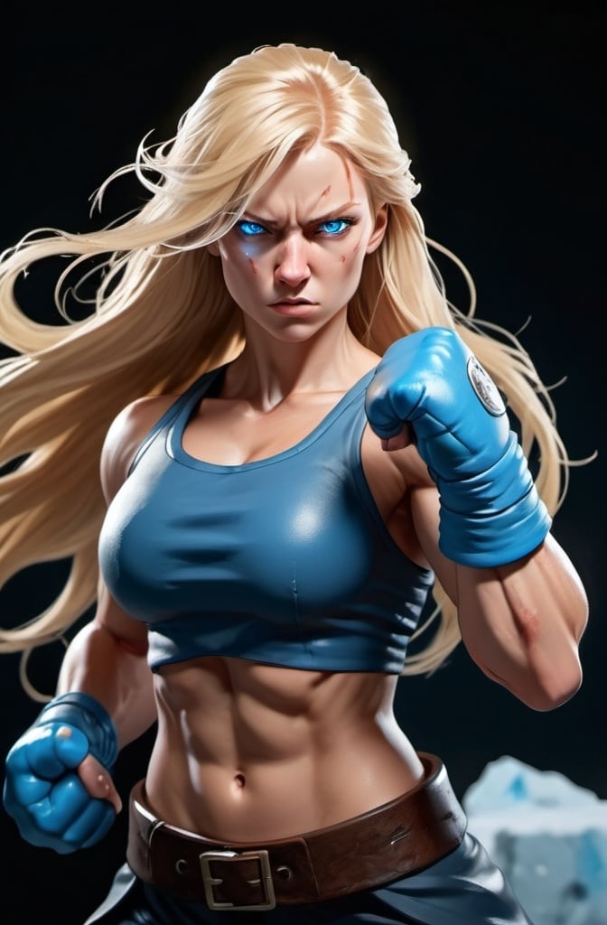 Prompt: Female figure. Greater bicep definition. Sharper, clearer blue eyes. Nosebleed. Long Blonde hair flapping. Frostier, glacier effects. Fierce combat stance. Raging Fists. 