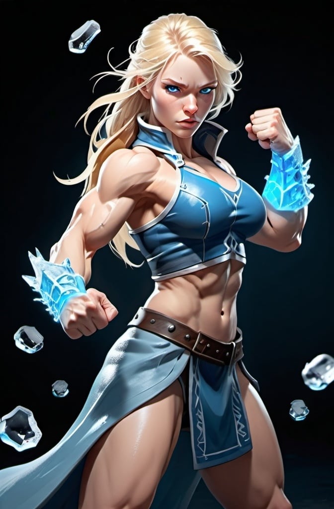 Prompt: Female figure. Greater bicep definition. Sharper, clearer blue eyes. Long Blonde hair flapping. Frostier, glacier effects. Fierce combat stance. Ice Fists.