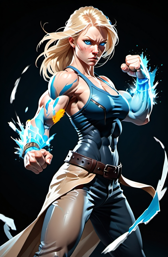 Prompt: Female figure. Greater bicep definition. Sharper, clearer blue eyes. Nosebleed. Long Blonde hair flapping. Frostier, glacier effects. Fierce combat stance. Raging Fists.