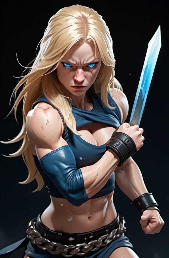 Prompt: Female figure. Greater bicep definition. Sharper, clearer blue eyes. Nosebleed. Long Blonde hair flapping. Frostier, glacier effects. Fierce combat stance. Raging Fists. Icy Knuckles.