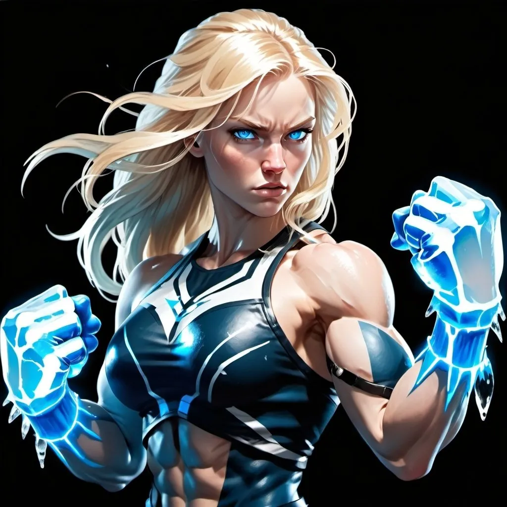 Prompt: Female figure. Greater bicep definition. Sharper, clearer blue eyes. Long Blonde hair flapping. Frostier, glacier effects. Fierce combat stance. Icy Knuckles. Raging Fists.