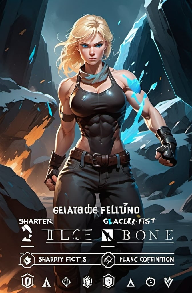 Prompt: Female figure. Greater bicep definition. Sharper, clearer blue eyes. Blonde hair flapping. Frostier, glacier effects. Fierce combat stance. Raging Fists. 