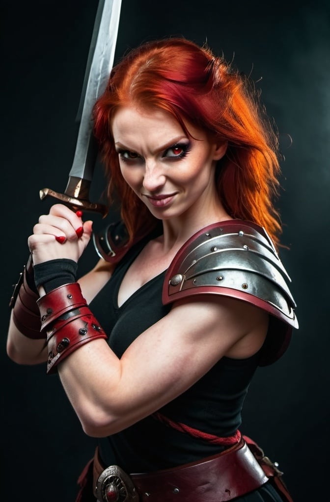 Prompt: Evil red-haired warrior woman with a mischievous grin. Carmine, red eyes. Fierce combat stance.