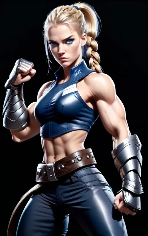 Prompt:  Female figure. Greater bicep definition. Dark Blue eyes. Blonde braided ponytail. Fierce combat stance. Raging Gravity-powered Gauntlets. 