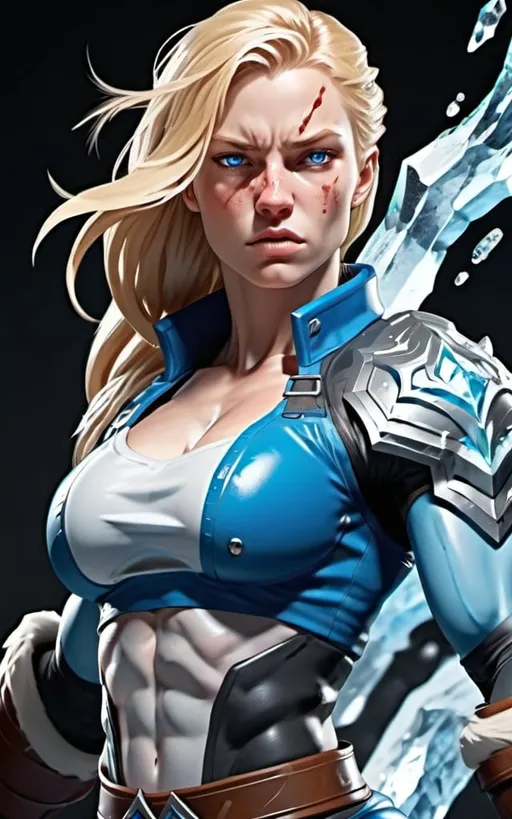 Prompt: Female figure. Greater bicep definition. Sharper, clearer blue eyes. Nosebleed. Long Blonde hair flapping. Frostier, glacier effects. Fierce combat stance. Icy Knuckles.