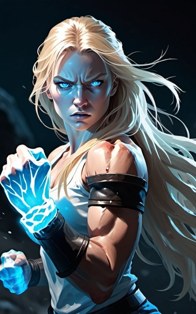 Prompt: Female figure. Greater bicep definition. Sharper, clearer blue eyes. Bleeding. Long Blonde hair flapping. Frostier, glacier effects. Fierce combat stance. Raging Fists. Icy Knuckles. 