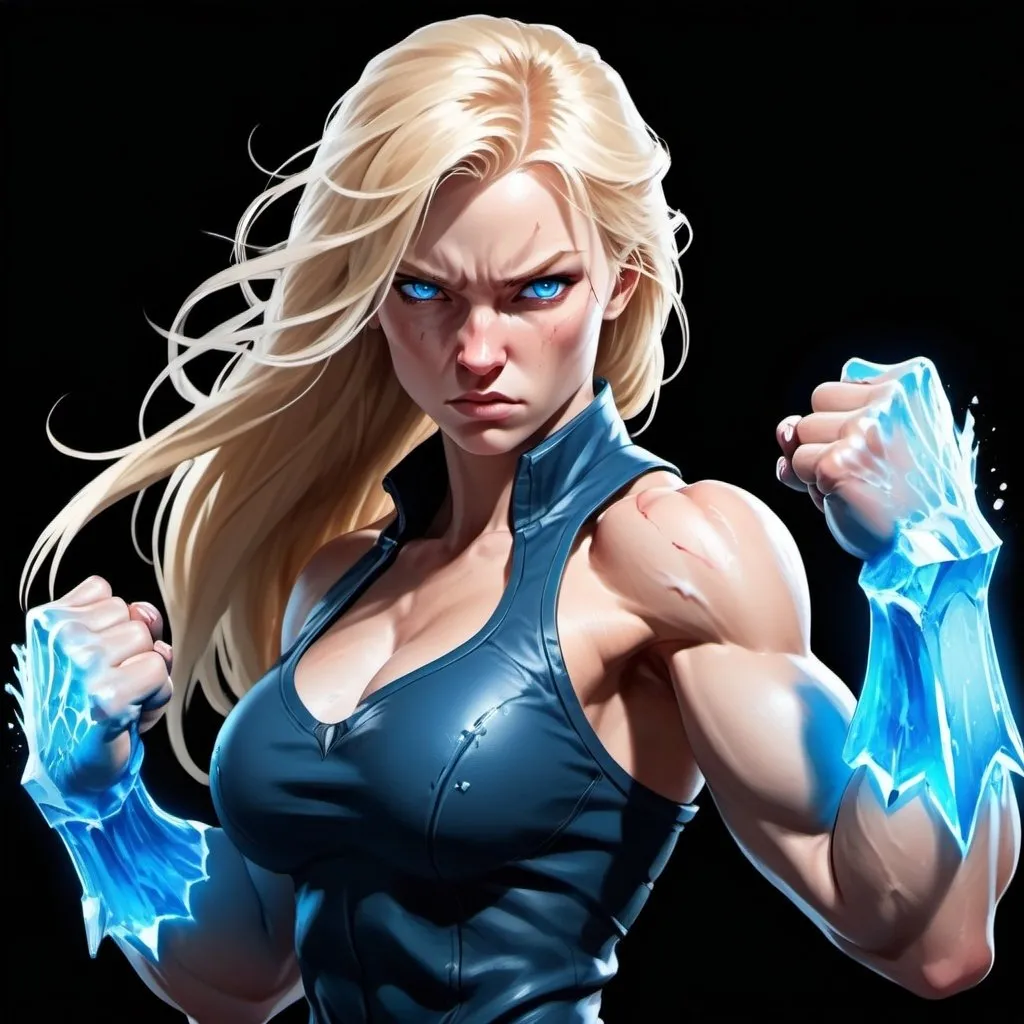 Prompt: Female figure. Greater bicep definition. Sharper, clearer blue eyes. Bleeding. Long Blonde hair flapping. Frostier, glacier effects. Fierce combat stance. Raging Fists. Icy Knuckles. 