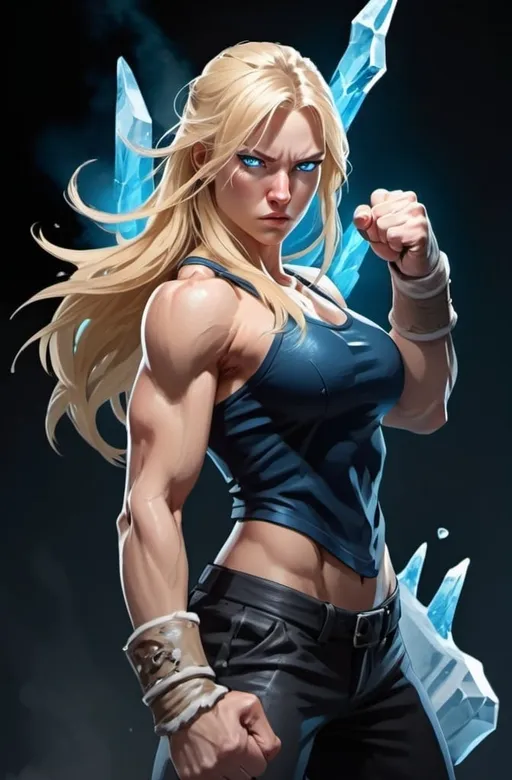 Prompt: Female figure. Greater bicep definition. Sharper, clearer blue eyes. Nosebleed. Long Blonde hair flapping. Frostier, glacier effects. Fierce combat stance. Raging Fists. Icy Knuckles.