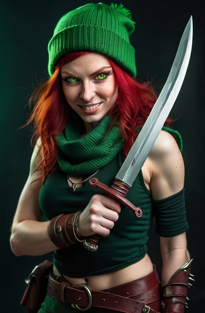 Prompt: Evil red-haired warrior woman, wearing a green beanie and a mischievous smirk. Carmine red eyes. Carries daggers. 