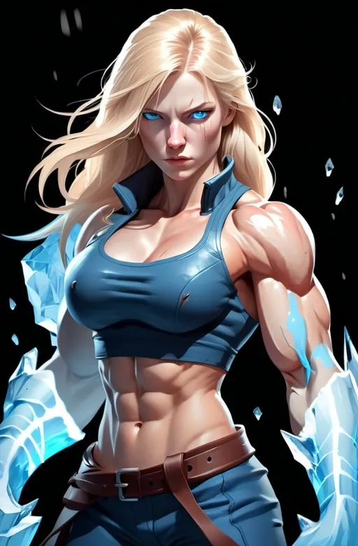 Prompt: Female figure. Greater bicep definition. Sharper, clearer blue eyes. Nosebleed. Long Blonde hair flapping. Frostier, glacier effects. Fierce combat stance. Raging Fists. Icy Knuckles.