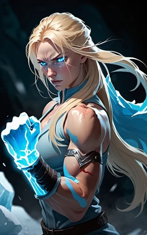 Prompt: Female figure. Greater bicep definition. Sharper, clearer blue eyes. Bleeding. Long Blonde hair flapping. Frostier, glacier effects. Fierce combat stance. Raging Fists. Icy Knuckles. 
