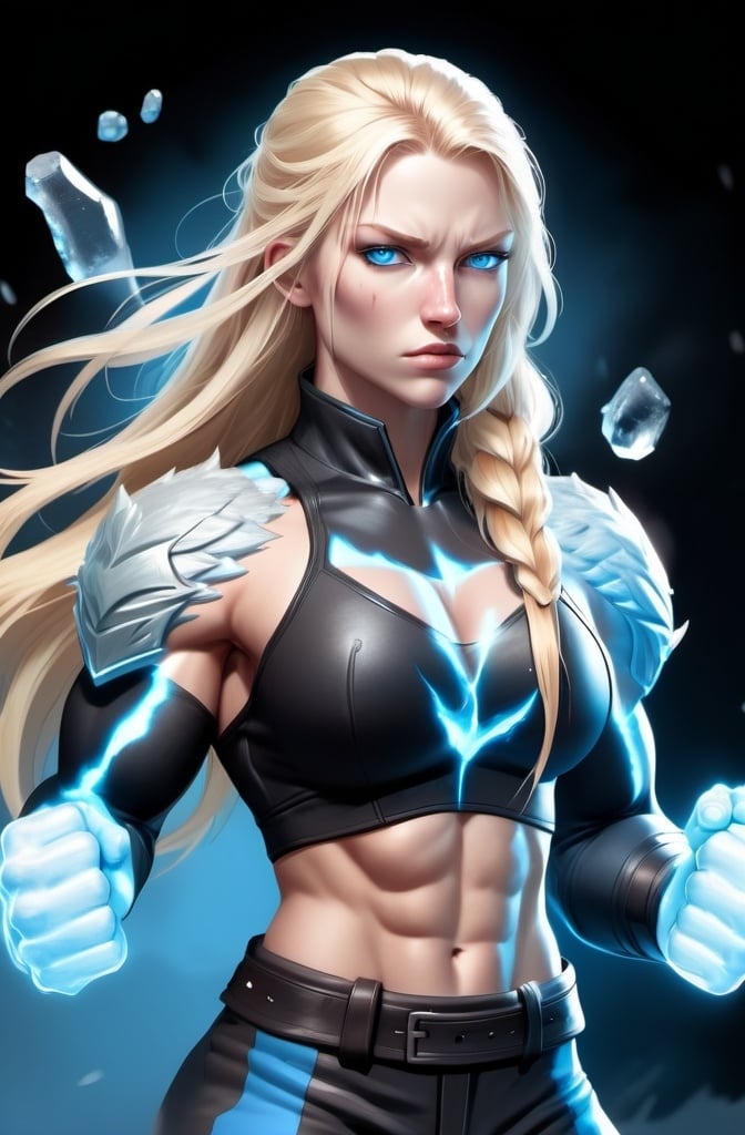 Prompt: Female figure. Greater bicep definition. Sharper, clearer blue eyes. Nosebleed. Long Blonde hair flapping. Frostier, glacier effects. Fierce combat stance. Raging Fists. Icy Knuckles.