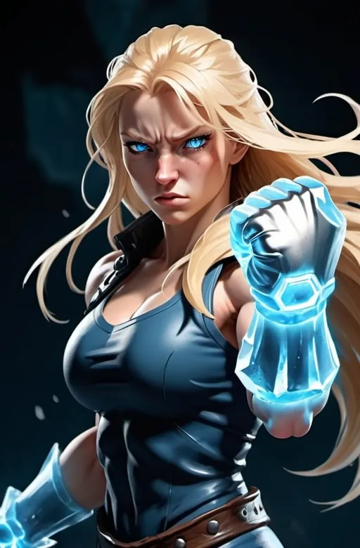 Prompt: Female figure. Greater bicep definition. Sharper, clearer blue eyes. Nosebleed. Long Blonde hair flapping. Frostier, glacier effects. Fierce combat stance. Raging Fists. Icy Knuckles.