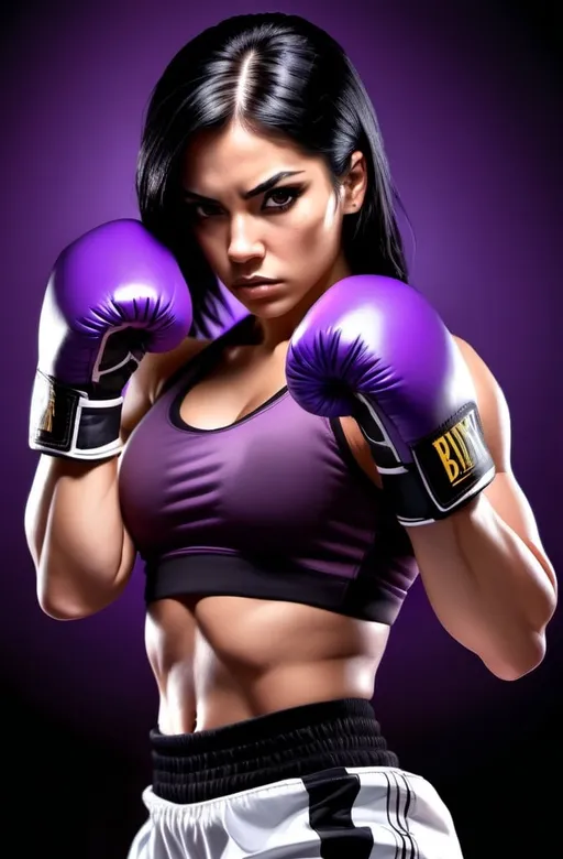 Prompt:  Female figure. Hispanic Greater bicep definition. Brown eyes. Purple nails. Black hair. Fierce combat stance. Raging Fists. Boxing gloves.