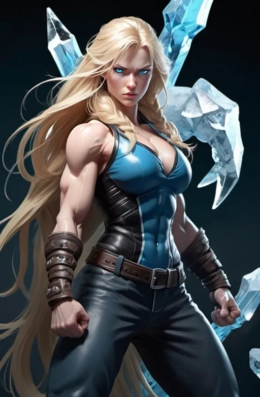 Prompt: Female figure. Greater bicep definition. Sharper, clearer blue eyes. Long Blonde hair flapping. Frostier, glacier effects. Fierce combat stance. Icy Knuckles. Raging Fists.