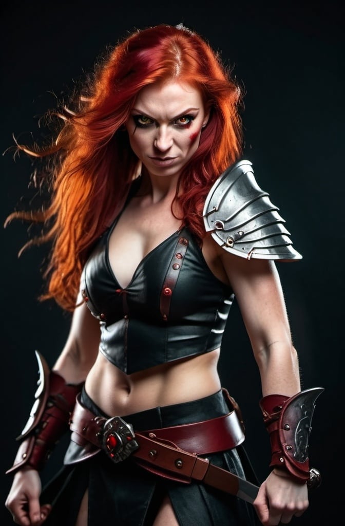 Prompt: Evil red-haired warrior woman with a mischievous grin. Carmine, red eyes. Fierce combat stance.