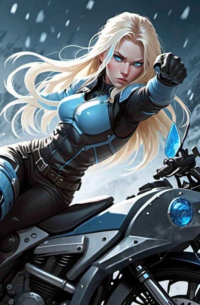 Prompt: Female figure. Greater bicep definition. Sharper, clearer blue eyes. Nosebleed. Long Blonde hair flapping. Frostier, glacier effects. Fierce combat stance. Icy Knuckles. Riding Motorcycle. 