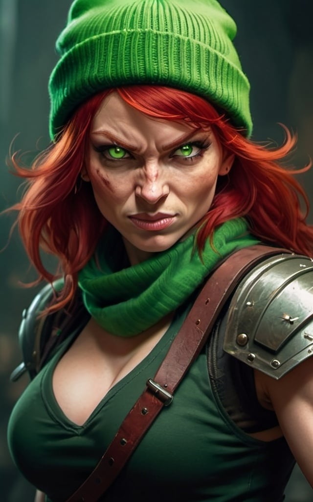 Prompt: Evil red-haired warrior woman, wearing a green beanie and a mischievous smirk. Carmine, red eyes. Fierce combat stance. 