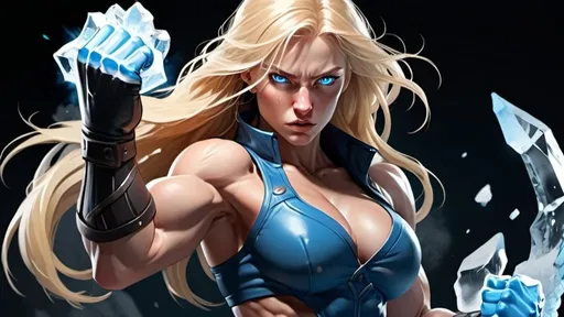 Prompt: Female figure. Greater bicep definition. Sharper, clearer blue eyes. Nosebleed. Long Blonde hair flapping. Frostier, glacier effects. Fierce combat stance. Raging Fists. Icy Knuckles.