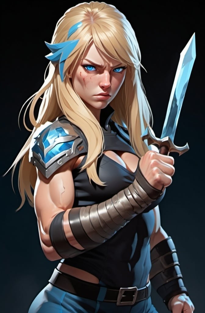 Prompt: Female figure. Greater bicep definition. Sharper, clearer blue eyes. Nosebleed. Long Blonde hair flapping. Frostier, glacier effects. Fierce combat stance. Raging Fists. Icy Knuckles.