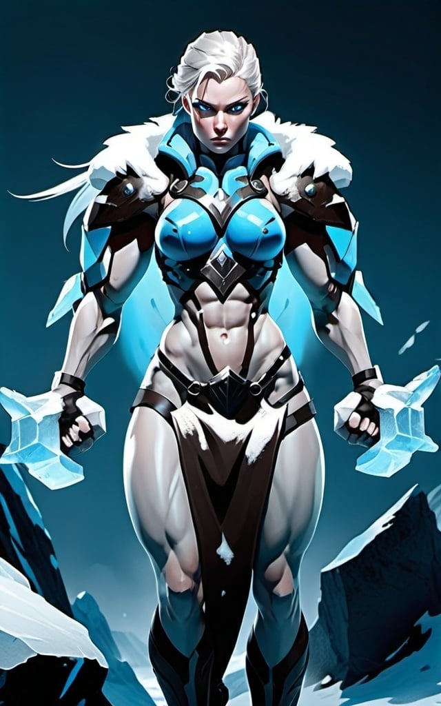 Prompt: Female figure. Greater bicep definition. Sharper, clearer blue eyes.  Frostier, glacier effects. Fierce combat stance. 