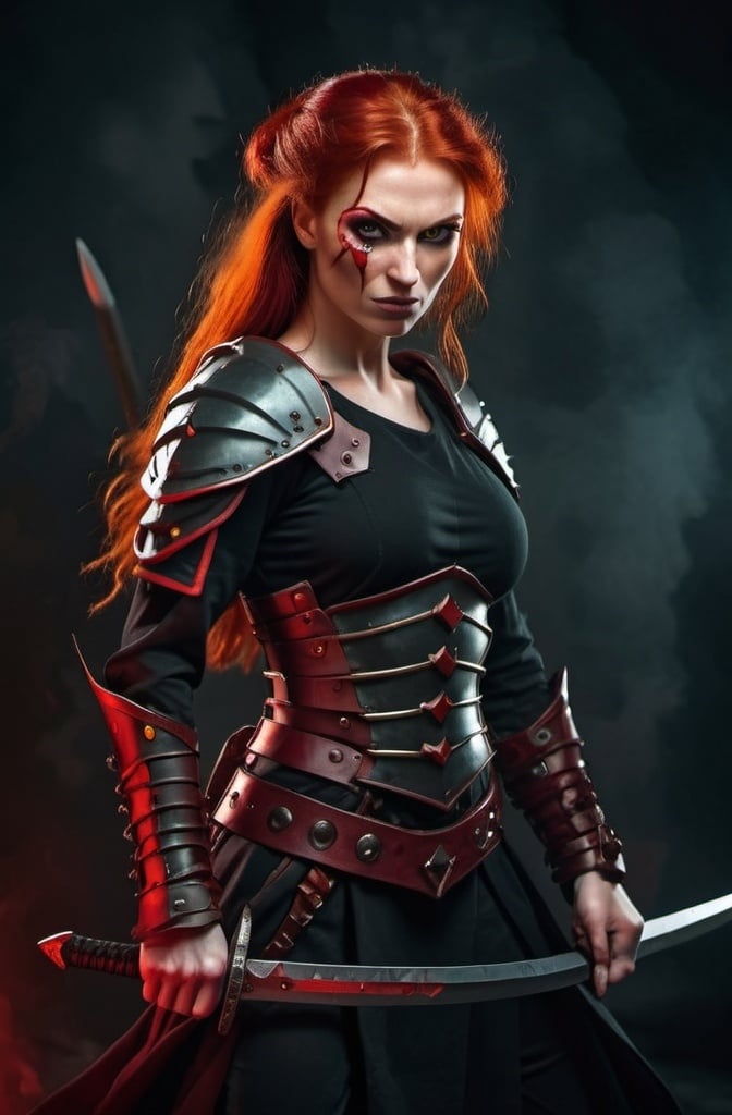 Prompt: Evil red-haired warrior woman with a mischievous grin. Carmine, red eyes. Fierce combat stance.