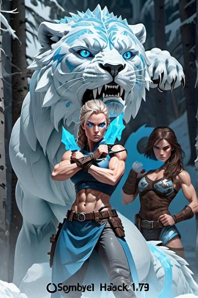 Prompt: Female figure. Greater bicep definition. Sharper, clearer blue eyes.  Frostier, glacier effects. Fierce combat stance. 