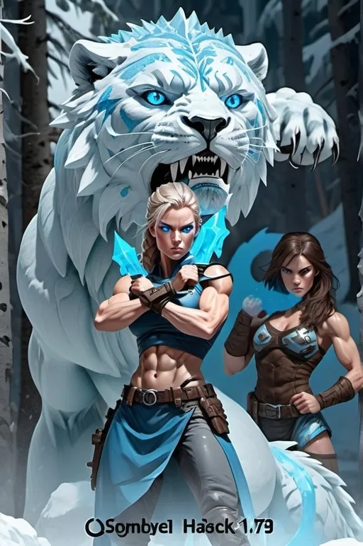 Prompt: Female figure. Greater bicep definition. Sharper, clearer blue eyes.  Frostier, glacier effects. Fierce combat stance. 