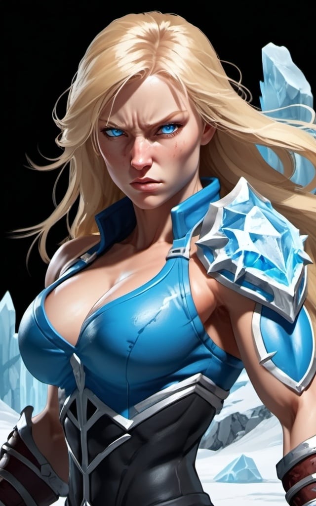 Prompt: Female figure. Greater bicep definition. Sharper, clearer blue eyes. Nosebleed. Long Blonde hair flapping. Frostier, glacier effects. Fierce combat stance. Raging Fists. Icy Knuckles. 