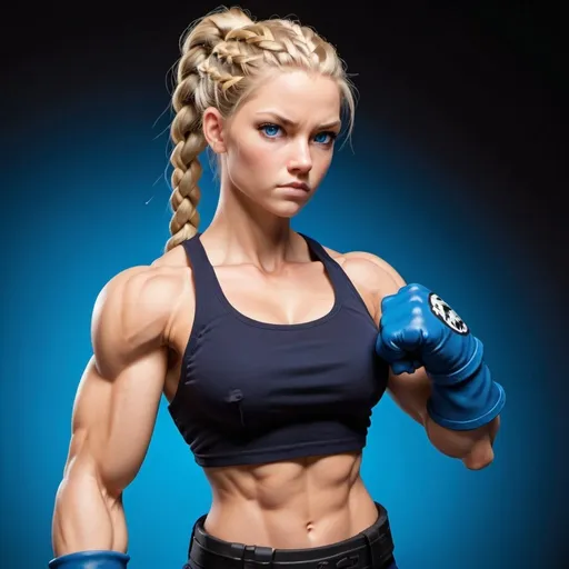 Prompt: Female figure. Greater bicep definition. Dark Blue eyes. Long Blonde braided ponytail. Raging Gravity-powered fists. 