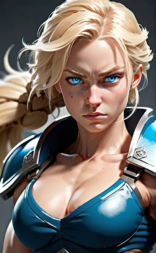 Prompt: Female figure. Greater bicep definition. Sharper, clearer blue eyes. Blonde hair  flapping. Frostier, glacier effects. Fierce combat stance. 