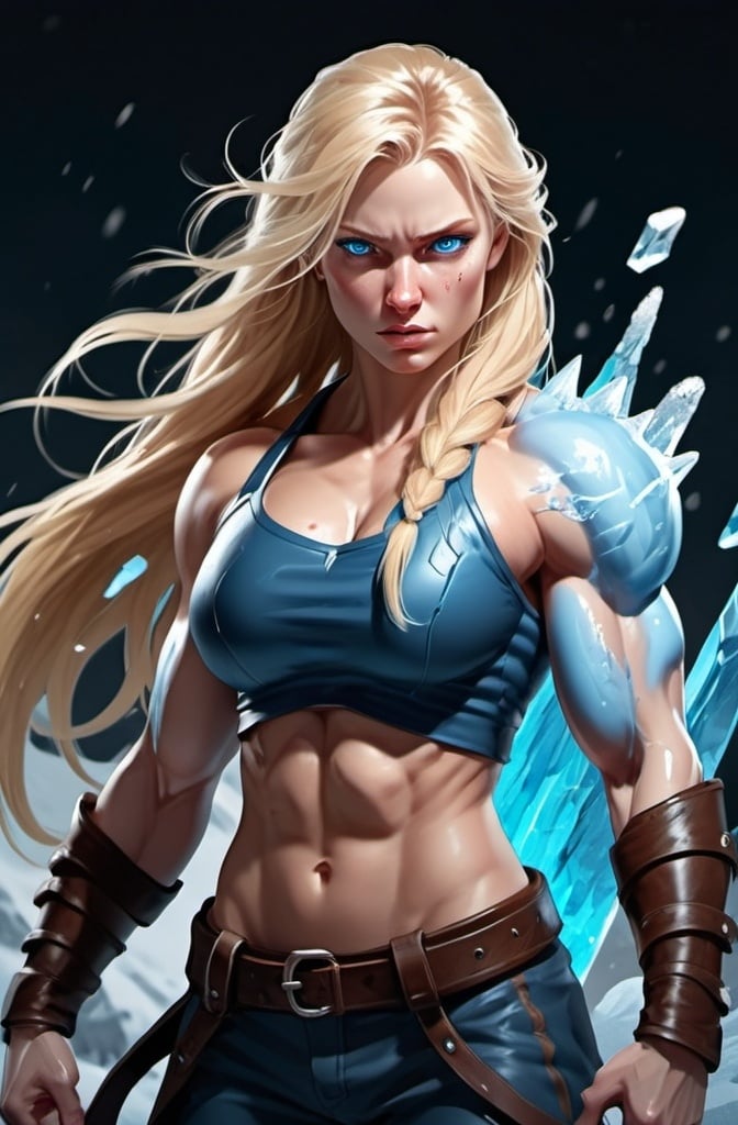 Prompt: Female figure. Greater bicep definition. Sharper, clearer blue eyes. Bleeding. Long Blonde hair flapping. Frostier, glacier effects. Fierce combat stance. Icy Knuckles. 