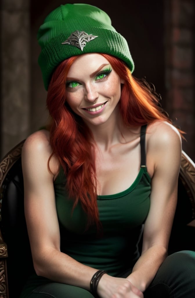 Prompt:  Evil red-haired warrior woman, wearing a green beanie and a mischievous smirk. Green eyes. She is sitting on a Throne. 