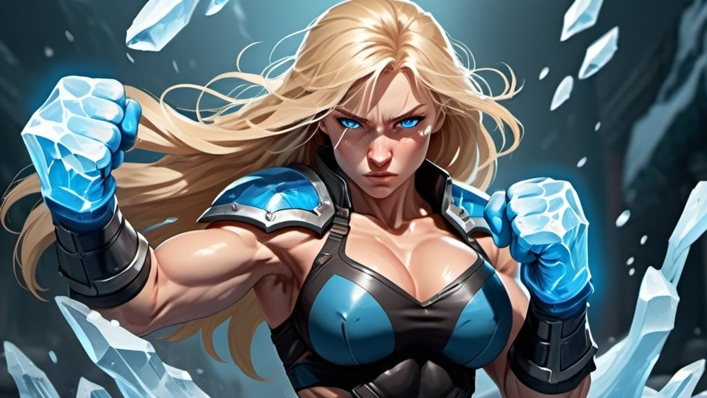 Prompt: Female figure. Greater bicep definition. Sharper, clearer blue eyes. Nosebleed. Long Blonde hair flapping. Frostier, glacier effects. Fierce combat stance. Raging Fists. Icy Knuckles. 