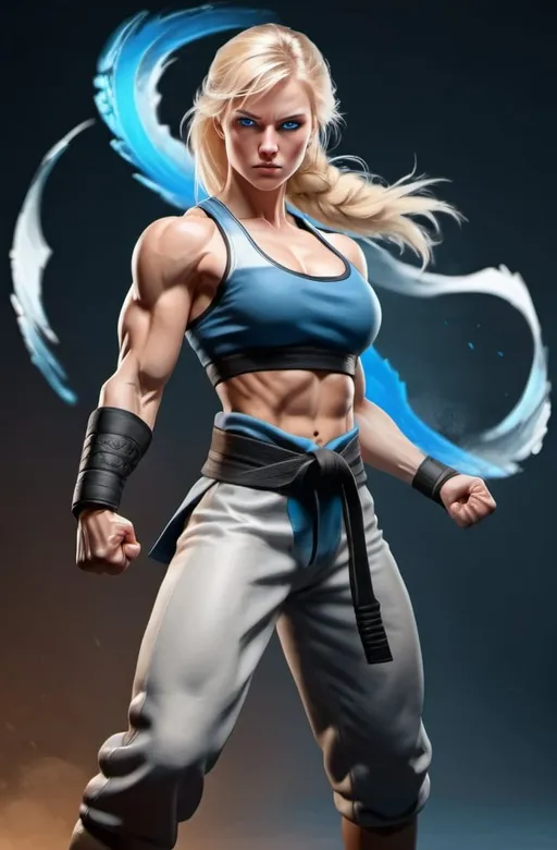 Prompt: Female figure. Greater bicep definition. Sharper, clearer blue eyes. Blonde hair flapping. Frostier, glacier effects. Fierce combat stance. Martial Artist.