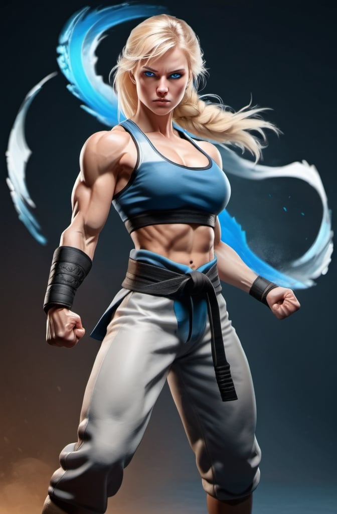 Prompt: Female figure. Greater bicep definition. Sharper, clearer blue eyes. Blonde hair flapping. Frostier, glacier effects. Fierce combat stance. Martial Artist.