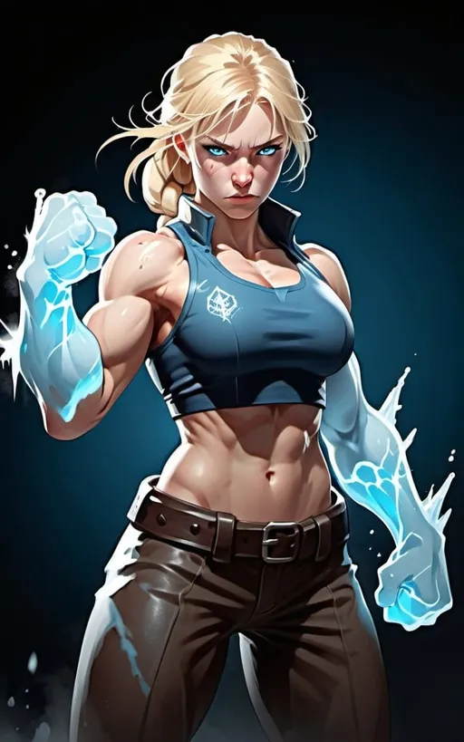 Prompt: Female figure. Greater bicep definition. Sharper, clearer blue eyes. Nosebleed. Long Blonde hair flapping. Frostier, glacier effects. Fierce combat stance. Icy Knuckles. Mist