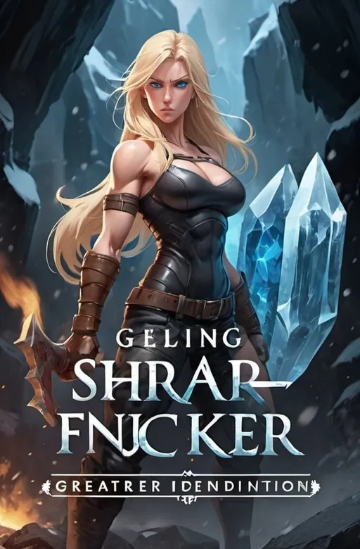 Prompt: Female figure. Greater bicep definition. Sharper, clearer blue eyes. Nosebleed. Long Blonde hair flapping. Frostier, glacier effects. Fierce combat stance. Raging Fists. Icy Knuckles.