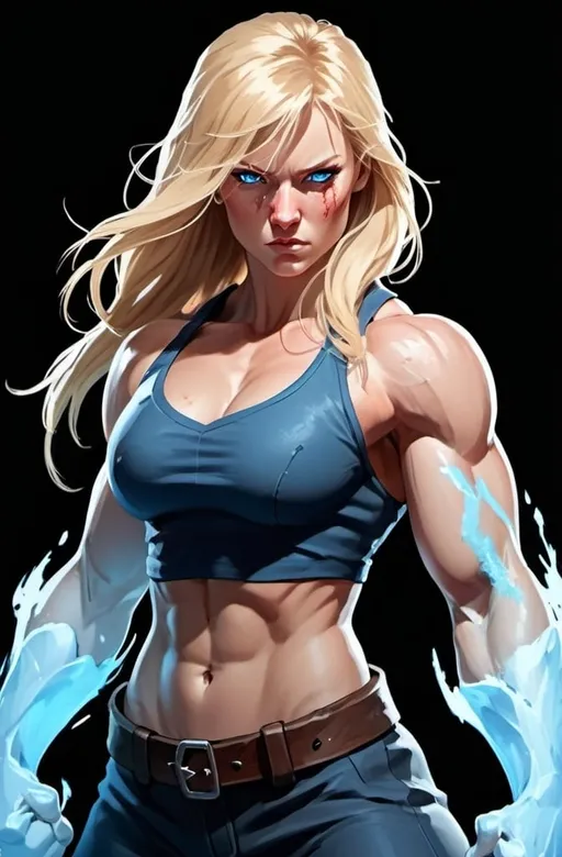 Prompt: Female figure. Greater bicep definition. Sharper, clearer blue eyes. Nosebleed. Long Blonde hair flapping. Frostier, glacier effects. Fierce combat stance. Raging Fists. 