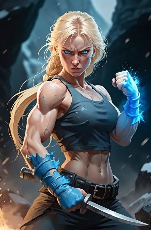 Prompt: Female figure. Greater bicep definition. Sharper, clearer blue eyes. Bleeding. Long Blonde hair flapping. Frostier, glacier effects. Fierce combat stance. Raging Fists. 