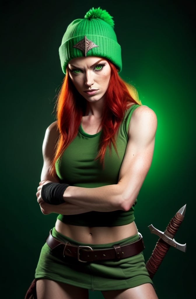 Prompt:  Evil red-haired warrior woman, wearing a green beanie and a mischievous smirk. Green eyes. Fierce combat stance. 