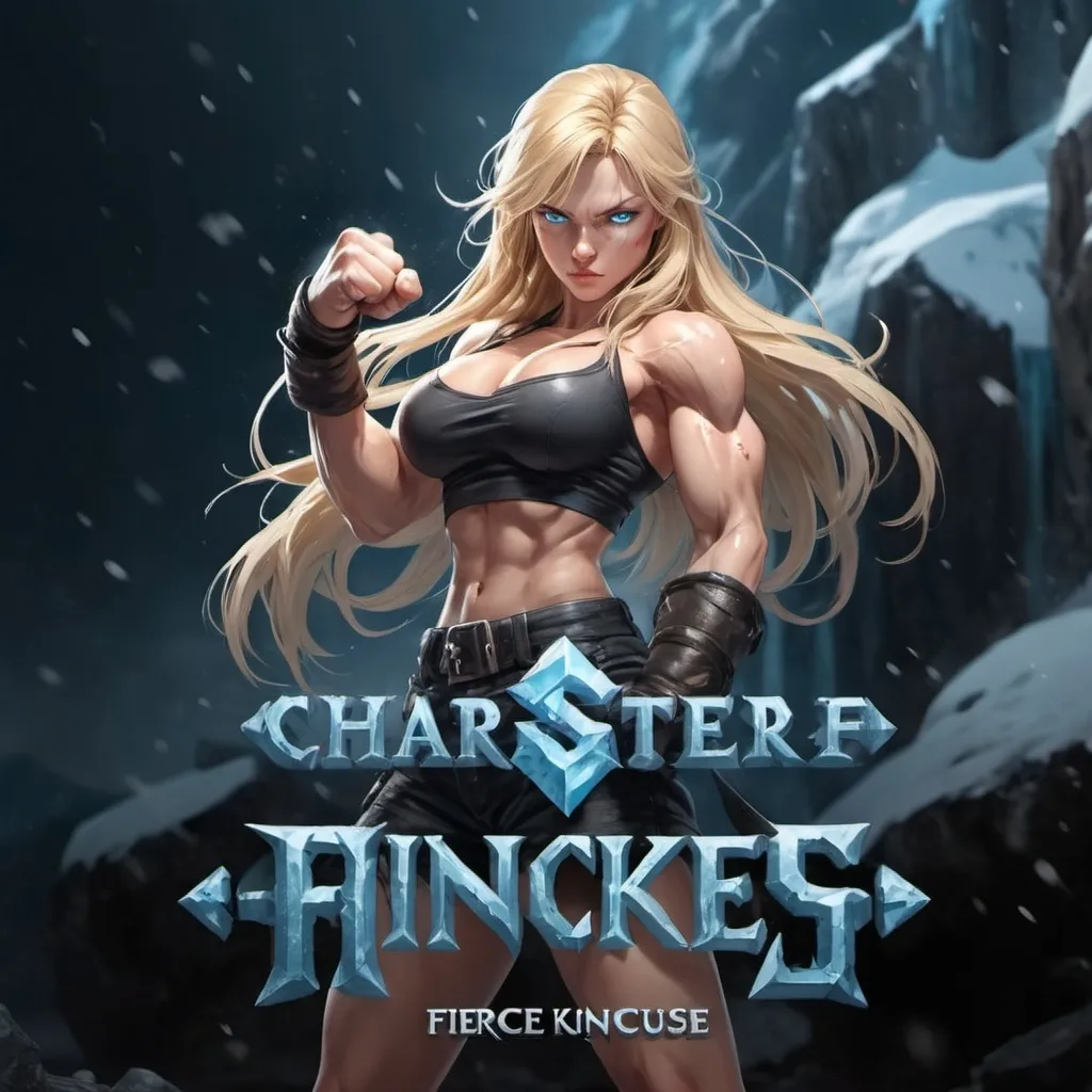 Prompt:   Female figure. Greater bicep definition. Sharper, clearer blue eyes. Nosebleed. Long Blonde hair flapping. Frostier, glacier effects. Fierce combat stance Raging Fists. Icy Knuckles.