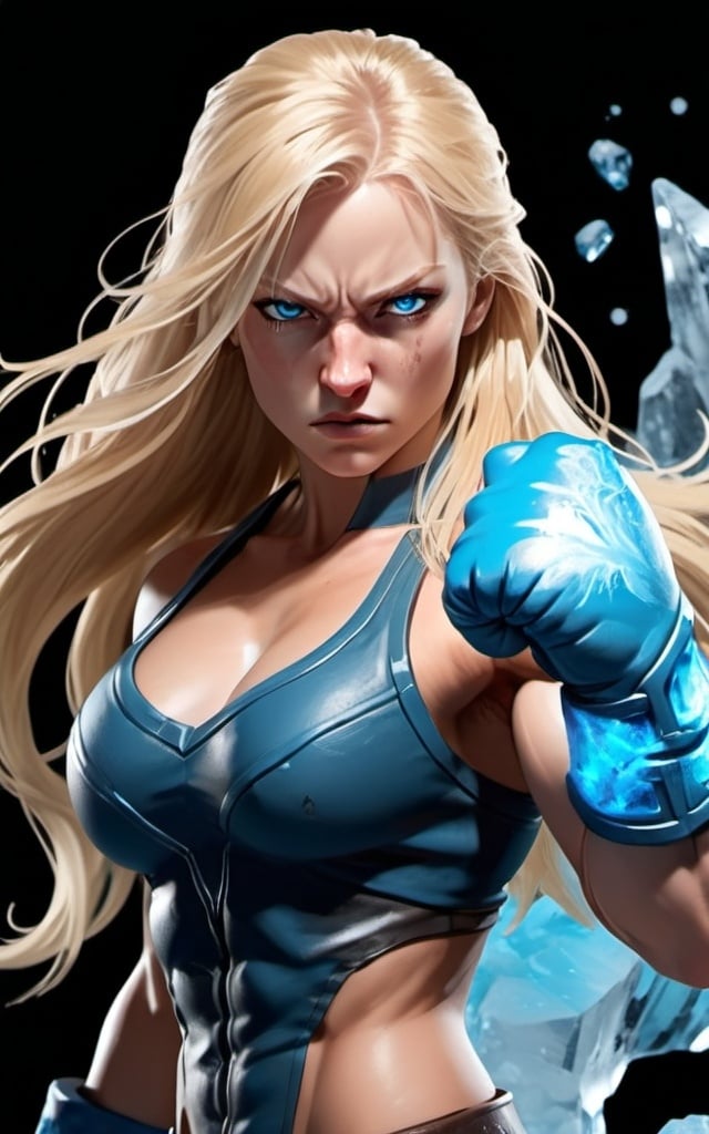 Prompt: Female figure. Greater bicep definition. Sharper, clearer blue eyes. Nosebleed. Long Blonde hair flapping. Frostier, glacier effects. Fierce combat stance. Raging Fists. Icy Knuckles. 