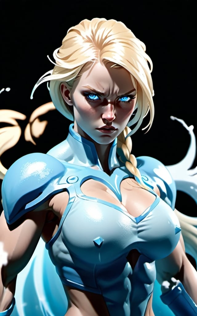 Prompt: Female figure. Greater bicep definition. Sharper, clearer blue eyes. Nosebleed. Long Blonde hair flapping. Frostier, glacier effects. Fierce combat stance. Icy Knuckles. Engulfed in Mist. 