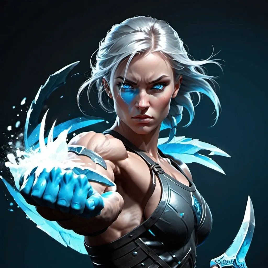 Prompt: Female figure. Greater bicep definition. Sharper, clearer blue eyes.  Frostier, glacier effects. Fierce combat stance. 