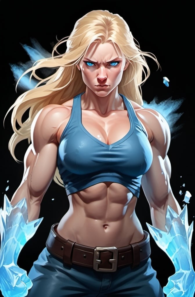 Prompt: Female figure. Greater bicep definition. Sharper, clearer blue eyes. Nosebleed. Long Blonde hair flapping. Frostier, glacier effects. Fierce combat stance. Raging Fists. Icy Knuckles. 