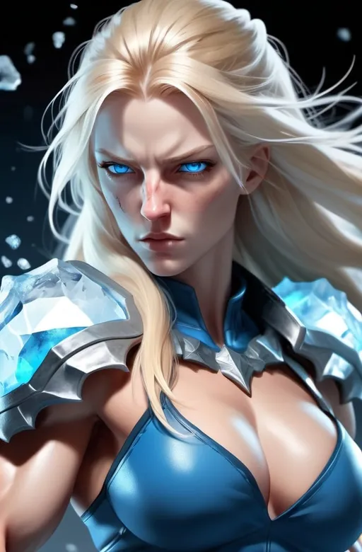 Prompt:  Female figure. Greater bicep definition. Sharper, clearer blue eyes. Nosebleed. Long Blonde hair flapping. Frostier, glacier effects. Fierce combat stance. Raging Fists. Icy Knuckles.  